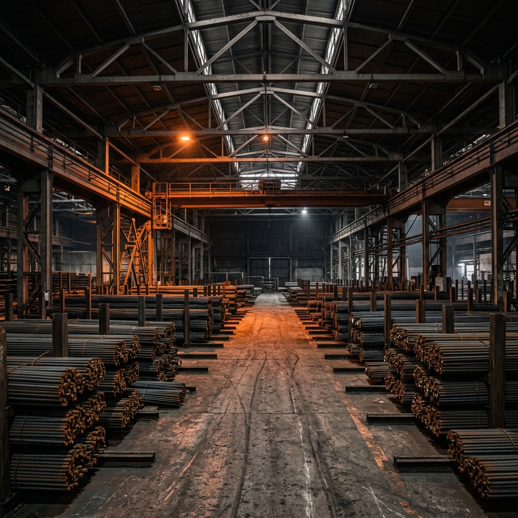 Sanghvi Agency steel warehouse with organized TMT bar inventory