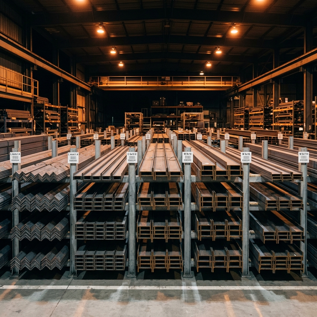 Organized steel inventory at Sanghvi Agency warehouse in Bhuj